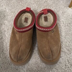 UGG Tan Suede Clogs with Red Trim